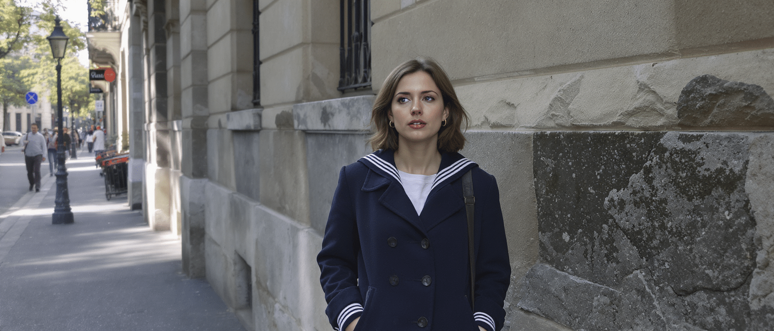 d&eacute;couvrez comment sophie marceau, ic&ocirc;ne du chic fran&ccedil;ais, r&eacute;invente la veste &agrave; col marin avec &eacute;l&eacute;gance et modernit&eacute;, la pla&ccedil;ant au c&oelig;ur de la mode.