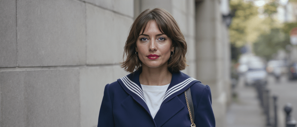 d&eacute;couvrez comment sophie marceau, ic&ocirc;ne intemporelle du chic fran&ccedil;ais, sublime la veste &agrave; col marin et la remet au c&oelig;ur de la mode avec &eacute;l&eacute;gance.