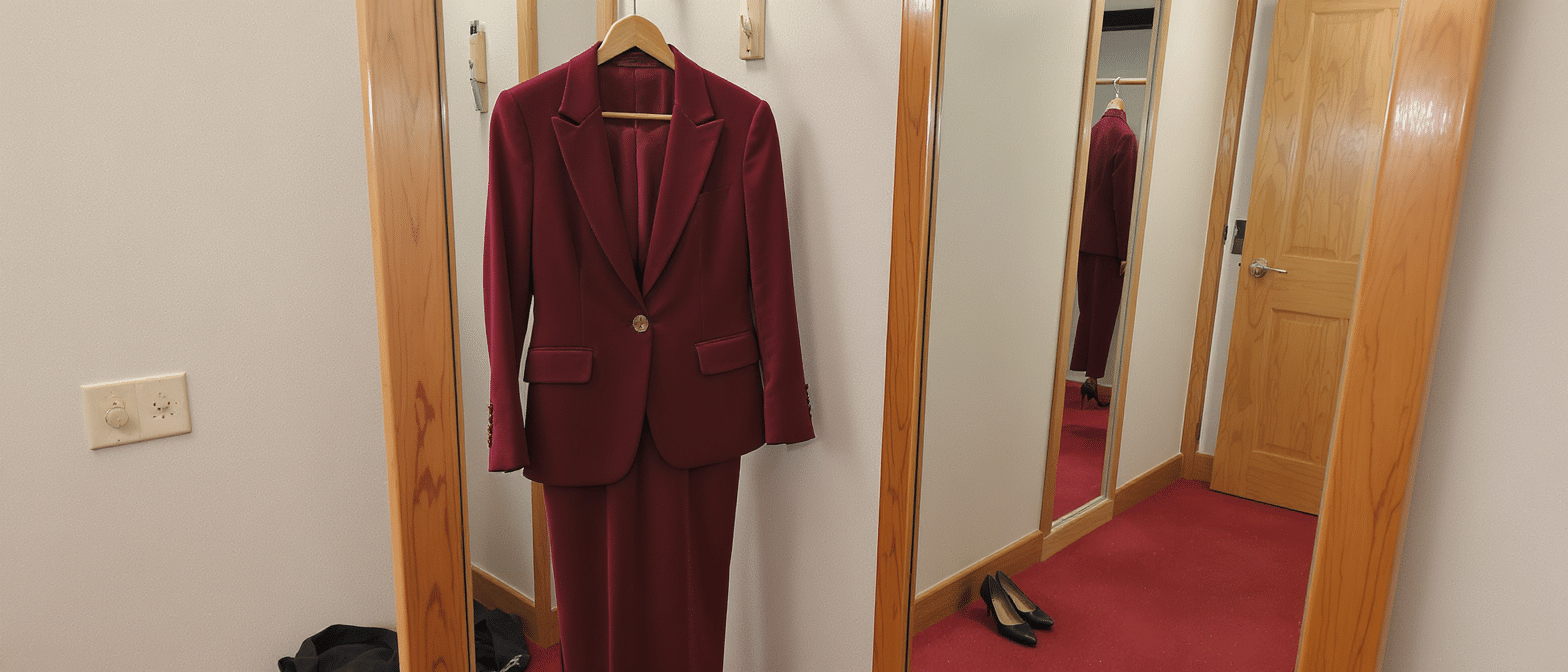 d&eacute;couvrez virginie efira rayonnante en costume rouge bordeaux, incarnant parfaitement la puissance du &laquo; power suit &raquo; avec &eacute;l&eacute;gance et assurance.
