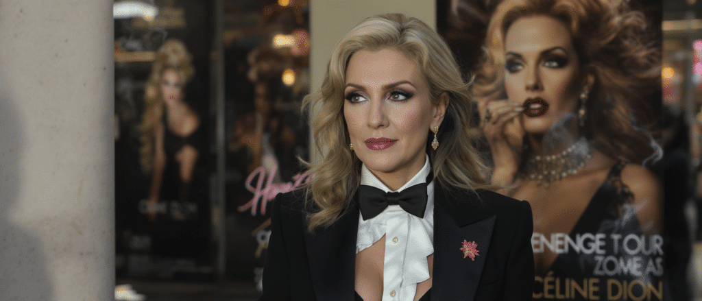 d&eacute;couvrez le grand retour en tourn&eacute;e de c&eacute;line dion, &eacute;blouissante dans un smoking &eacute;l&eacute;gant et une robe de gala qui illuminent les affiches, cr&eacute;ant une sensation unique.