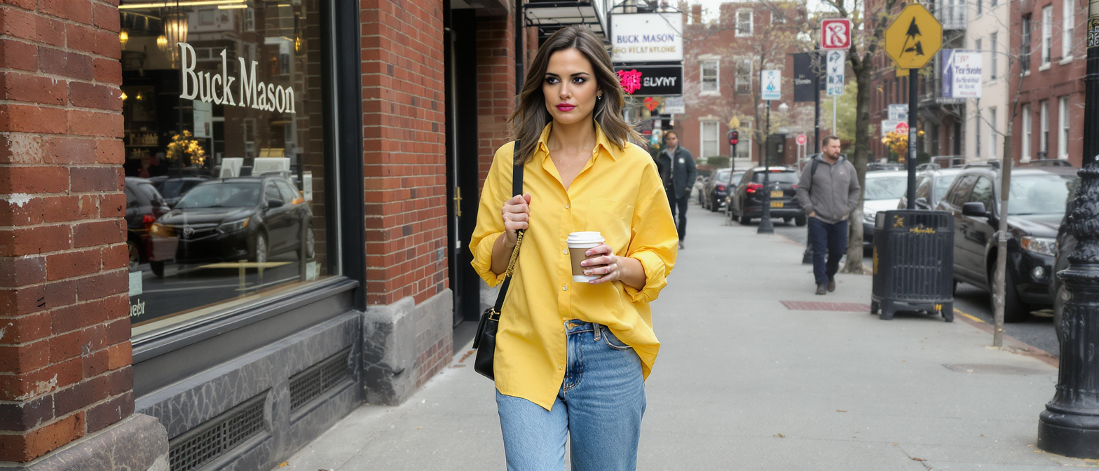 d&eacute;couvrez comment katie holmes ravive &agrave; new york un style de chemise d&eacute;laiss&eacute; par la g&eacute;n&eacute;ration z, alliant &eacute;l&eacute;gance r&eacute;tro et modernit&eacute; urbaine.