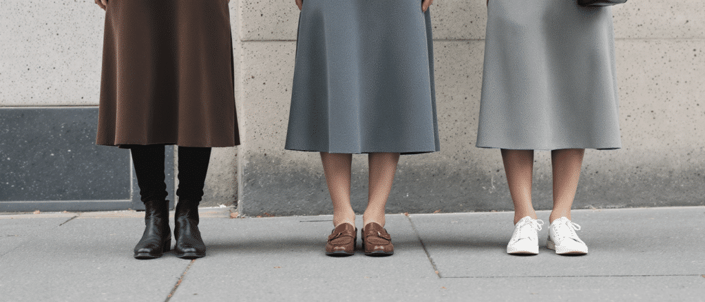 jupe midi en automne : d&eacute;couvrez comment l&rsquo;associer aux bottes, mocassins ou baskets pour cr&eacute;er des tenues &eacute;l&eacute;gantes et confortables.